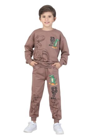 Erkek çocuk dinozor baskılı pijama takımı iki iplik eşofman takımı okul ikili takım — Tarçın