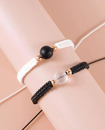 Siyah Beyaz Boncuk İkili Bileklik