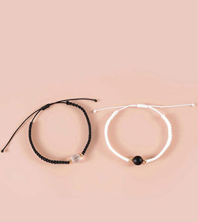 Siyah Beyaz Boncuk İkili Bileklik