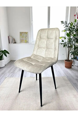 Bahar Sandalye 2 (Adet) – Modern Yemek & Mutfak Sandalyesi, Bej Kumaş - Metal Siyah Ayak