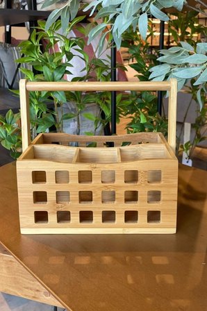 Doğal Bambu Bölmeli Organizer Kulplu Kaşıklık Dekoratif Masaüstü Mutfak Kozmetik Banyo Düzenleyici Kutu 23 cm