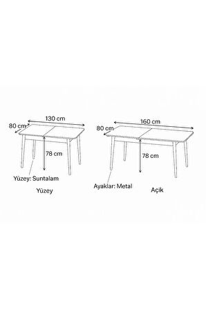 Berlin Açılır Dikdörtgen Masa – Ceviz Desen, Siyah Ayak, 80×130 → 160 cm (Sandalyesiz, 4–6 Kişilik)