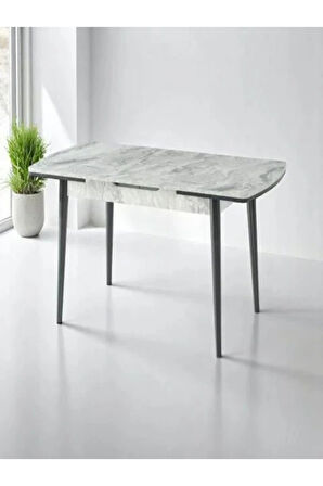Berlin Açılır Dikdörtgen Masa – Gri Mermer, Siyah Ayak, 80×130 → 160 cm (Sandalyesiz, 4–6 Kişilik)