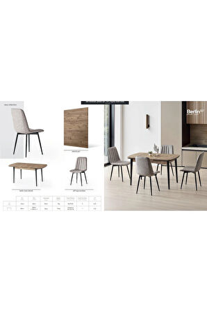 Berlin’87 Açılır Masa Takımı – Ceviz Desen. Siyah Ayak. 80×130→180 cm. 4 Togo Sandalyeli