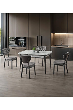 Berlin’116 Açılır Masa Takımı – Gri Mermer. Siyah Ayak. 80×130→180 cm. 4 Sandalyeli