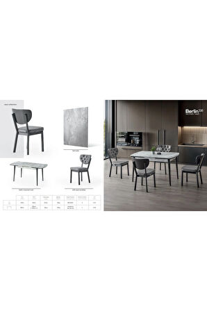 Berlin’116 Açılır Masa Takımı – Gri Mermer. Siyah Ayak. 80×130→180 cm. 4 Sandalyeli