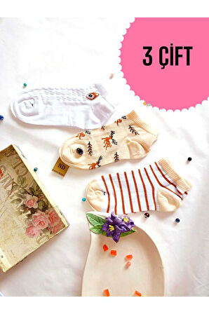 3 ÇİFT DİKİŞSİZ PATİK ÇORAP PAMUKLU KISA KONÇ DESENLİ KADIN ÇORABI 36-40 BEYAZ KAHVERENGİ