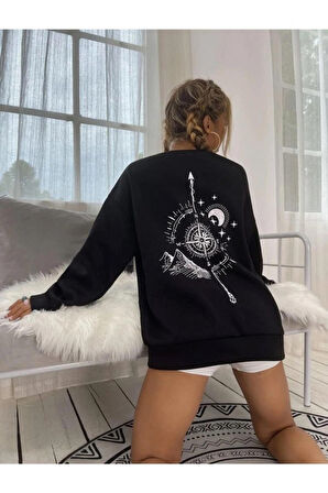 Siyah Pusula Sırt Baskılı Sweatshirt  S  Beden