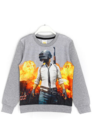 Pubg Mobile Baskılı Erkek Çocuk 3D Sweatshirt Gri