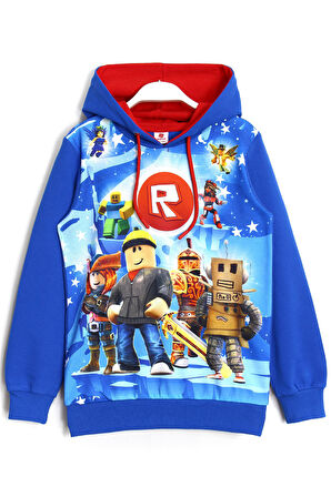 3d Roblox Oyun Baskılı Fırçalı Kumaş Erkek Çocuk Kapüşonlu Sweatshirt Saks