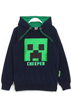 Minecraft Creeper Çift Yönlü Renk Değiştiren Payetli Kapüşonlu Erkek Çocuk Hoodie Sweatshirt