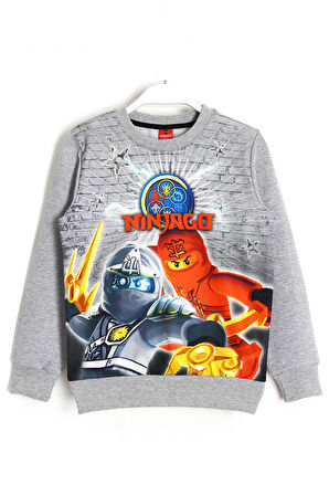 Ninjago Baskılı Erkek Çocuk 3D Mevsimlik Sweatshirt Gri Melanj