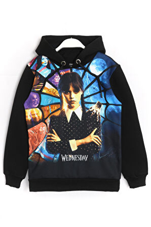 3d Baskılı Kız Çocuk Wednesday Addams Uzun Kollu 3 İp Şardonlu Kapüşonlu Sweatshirt