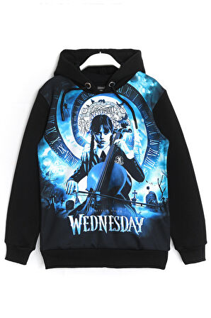 Wednesday Addams 3d Baskılı Kız Çocuk Uzun Kollu 3 İp Şardonlu Kapüşonlu Sweatshirt