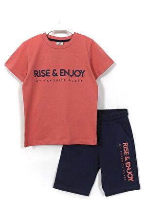 Rise Enjoy Slogan Baskılı Erkek Çocuk Yazlık 2'li Takım 8-15 Yaş Mercan