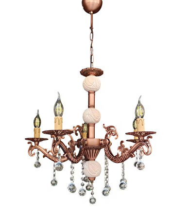 BEŞ KOLLU KRİSTAL TOP TAŞLI BAKIR KAPLAMALI KREM RENGİ ÇİNİLİ METAL AVİZE