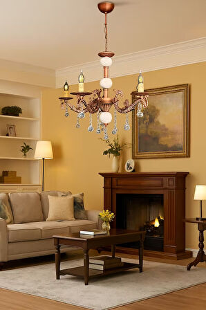 BEŞ KOLLU KRİSTAL TOP TAŞLI BAKIR KAPLAMALI KREM RENGİ ÇİNİLİ METAL AVİZE