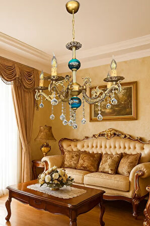 BEŞ KOLLU KRİSTAL TOP TAŞLI ESKİTME KAPLAMALI MAVİ SİYAH ÇİNİLİ METAL AVİZE