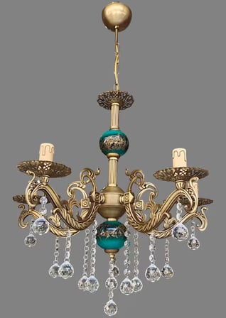 BEŞ KOLLU KRİSTAL TOP TAŞLI ESKİTME KAPLAMALI MAVİ SİYAH ÇİNİLİ METAL AVİZE