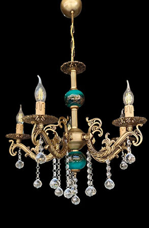 BEŞ KOLLU KRİSTAL TOP TAŞLI ESKİTME KAPLAMALI MAVİ SİYAH ÇİNİLİ METAL AVİZE