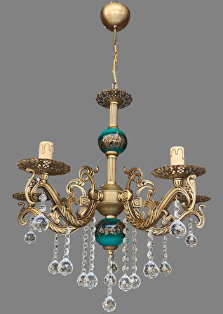BEŞ KOLLU KRİSTAL TOP TAŞLI ESKİTME KAPLAMALI MAVİ SİYAH ÇİNİLİ METAL AVİZE