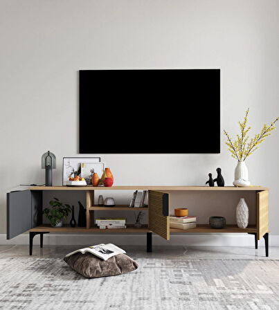 Tarz Raflı 180 Cm Metal Kulp Tv Ünitesi (ANTRASİT-YUNUS)