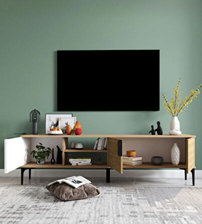 Tarz Raflı 180 Cm Metal Kulp Tv Ünitesi (BEYAZ-YUNUS)