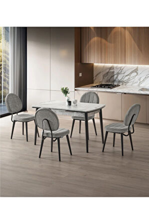 Berlin Serisi Açılır Masa Takımı – Gri Mermer / Siyah Ayak, 4 Sandalyeli