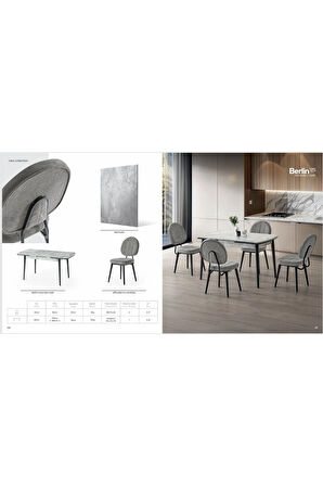 Berlin Serisi Açılır Masa Takımı – Gri Mermer / Siyah Ayak, 4 Sandalyeli