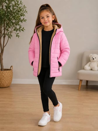 PEMBE KIZ ÇOCUK SU VE RÜZGAR GEÇİRMEZ İÇİ KÜRKLÜ KAPİŞONLU MONT