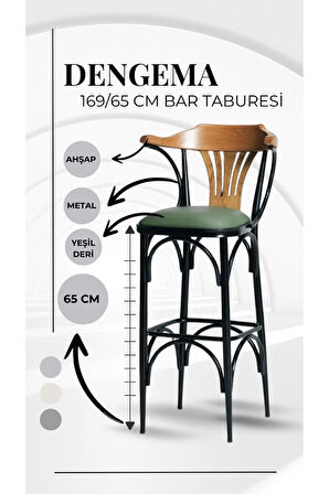 169/65 Özel Üretim Bar Taburesi / Sandalyesi – 65 cm Yükseklik Yeşil Deri, Ahşap Sırt, Metal Ayak