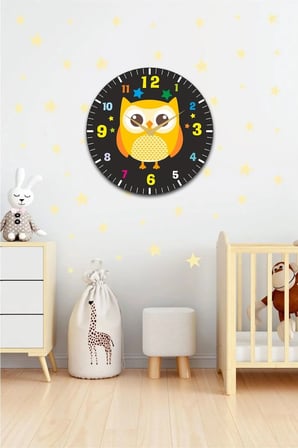 Çocuk Odası Duvar Saati / Baykuş Temalı Duvar Saat / Dijital Duvar Saat / Uv Baskılı / 48 Cm