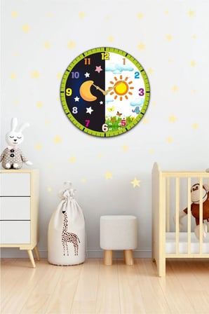 Çocuk Odası Duvar Saati / Gece Gündüz Temalı Duvar Saati / Dijital Duvar Saati / Uv Baskılı / 48 Cm