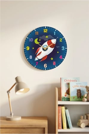 Çocuk Odası Duvar Saati / Roket Uzay Temalı Duvar Saat / Dijital Duvar Saat / Uv Baskılı / 48 Cm