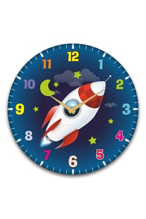 Çocuk Odası Duvar Saati / Roket Uzay Temalı Duvar Saat / Dijital Duvar Saat / Uv Baskılı / 48 Cm