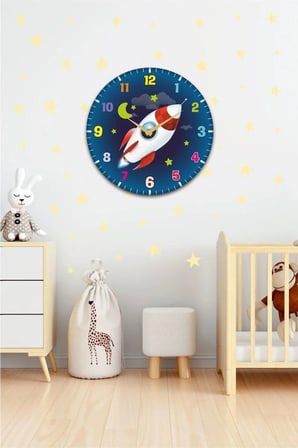 Çocuk Odası Duvar Saati / Roket Uzay Temalı Duvar Saat / Dijital Duvar Saat / Uv Baskılı / 48 Cm