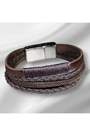 Erkek Deri Bileklik – El Yapımı, Hakiki Deri, Kahverengi Örgü Bileklik, Doğal ve Şık Tasarım