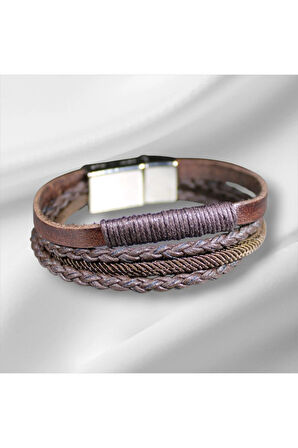 Erkek Deri Bileklik – El Yapımı, Hakiki Deri, Kahverengi Örgü Bileklik, Doğal ve Şık Tasarım