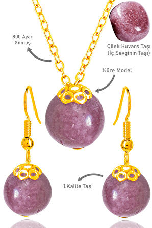 Sertifikalı Gold Küre Model Çilek Kuvars Taşı Kolye ve Küpe Seti - Gümüş Aparatlı