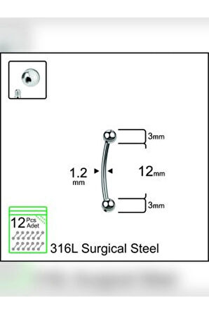 Top 3mm x 12mm x 1.2mm Çelik Banana Piercing