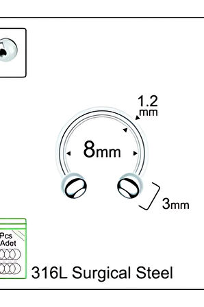 Top 3mm X 8mm X 1.2mm Çelik Halka Piercing