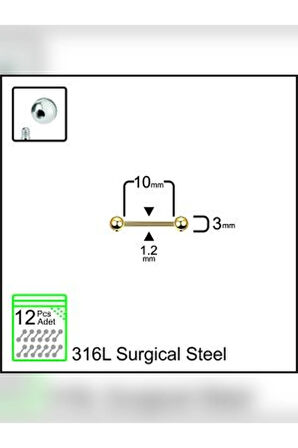 Top 3mm x 10mm x 1.2mm Altın Düz Bar Piercing