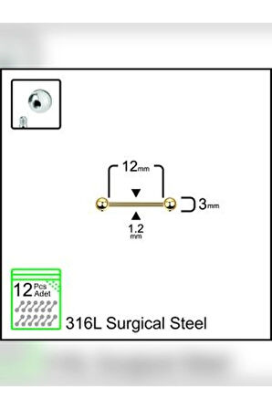 Top 3mm x 12mm x 1.2mm Altın Düz Bar Piercing
