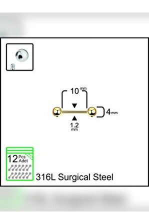 Top 4mm x 10mm x 1.2mm Altın Düz Bar Piercing