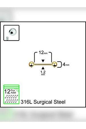 Top 4mm x 12mm x 1.2mm Altın Düz Bar Piercing