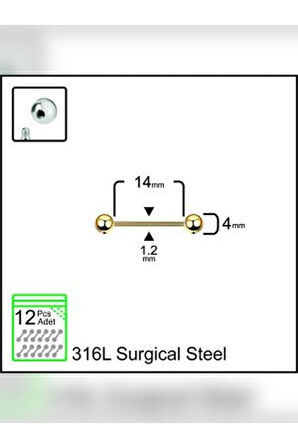Top 4mm x 14mm x 1.2mm Altın Düz Bar Piercing
