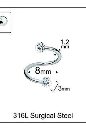 Spiral / Şambala Top 3mm x 8mm x 1.2mm Çelik Halka Piercing