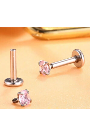 Cerrahi Çelik Zirkon Pembe 2.5mm X 6mm X 1.2mm Çelik Labret Piercing