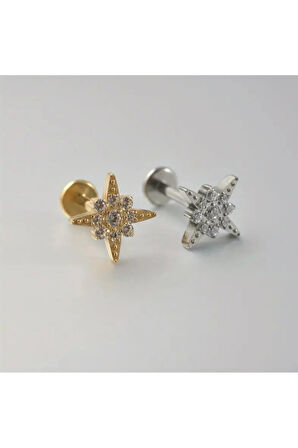 Cerrahi Çelik Kuzey Yıldızı Kristal Zirkon Altın Tragus Piercing