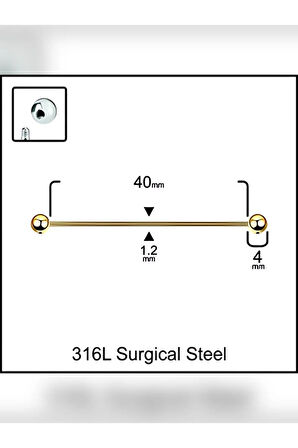 Top 4mm x 40mm x 1.2mm Altın Köprü Piercing